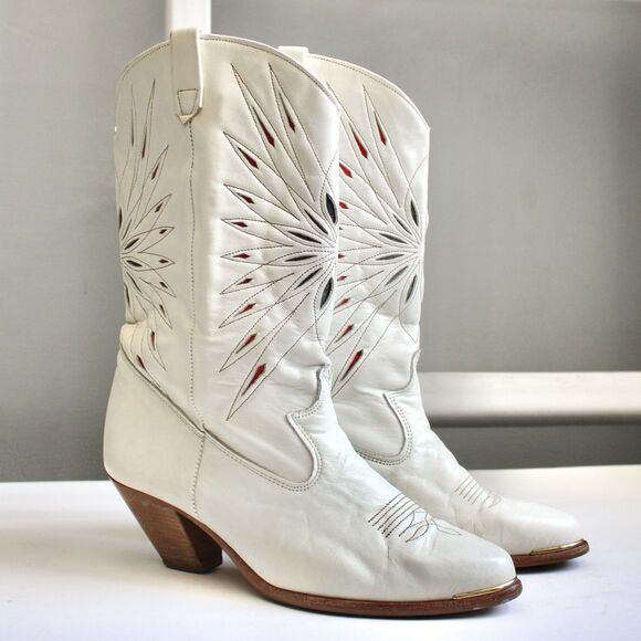 Dingo Women's Vintage White Sunburst Cut Out Leather Heel Cowboy Boots Size 8.5